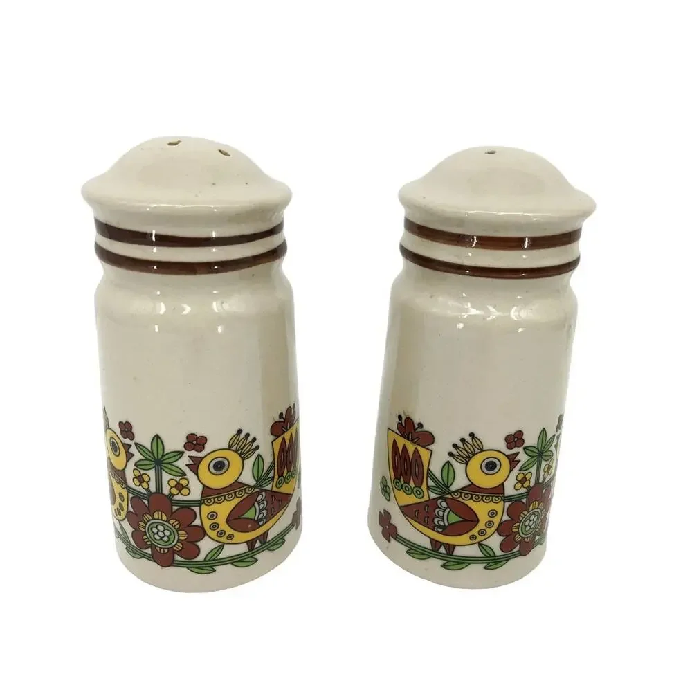 Vintage Salt & Pepper Shakers Folk Art Birds Flower Boho Korea